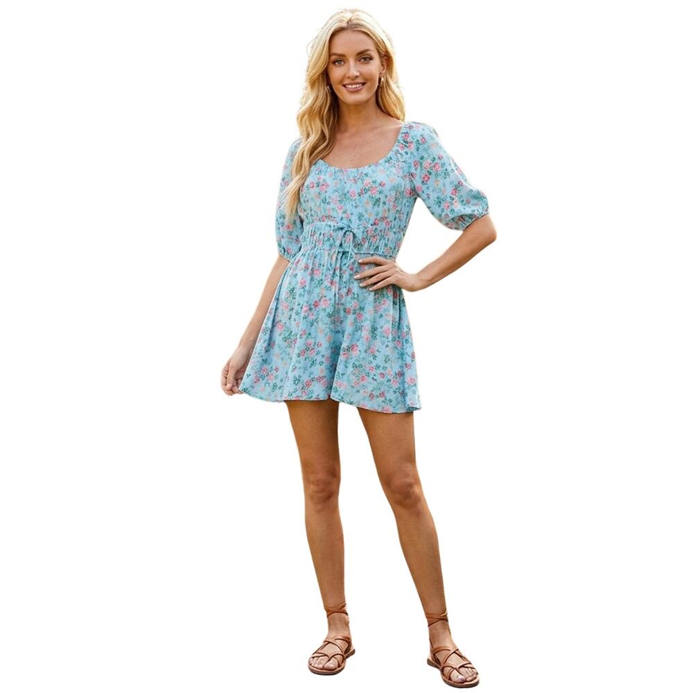 Bepop Sky/Pink Floral Elbow Sleeve Romper, M